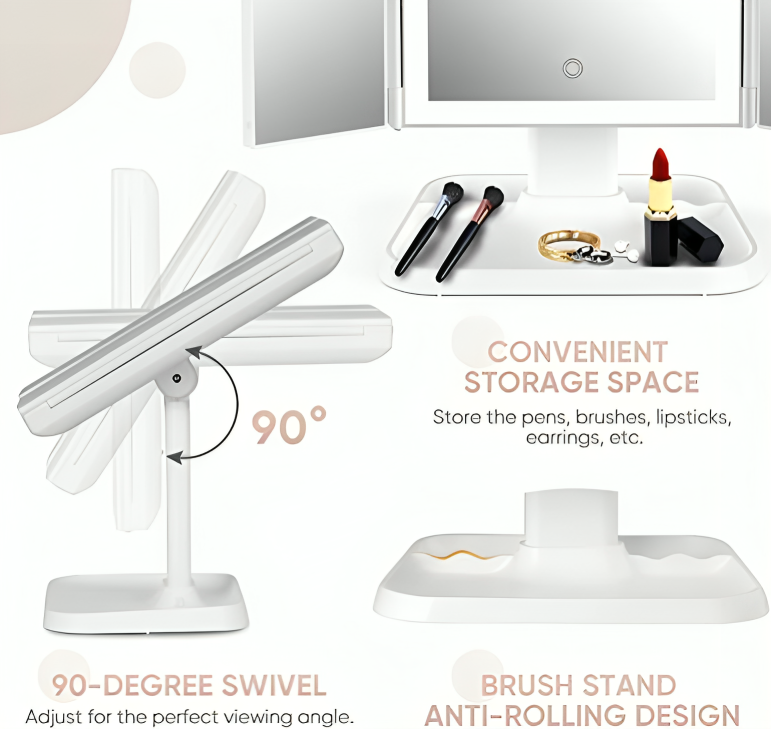 Składane lustro LED z 3 skrzydłami do precyzyjnego makijażu