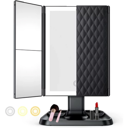 Foldable LED mirror with 3 panels for precise makeup 